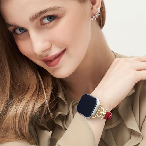 Image of Leather Band Compatible with Apple Watch Bands for Women, Dressy Fancy Strap for iWatch Series 11 /10 /9 /8 /7 /6 /5 /4 /3 /2 /1 /se /Ultra /Ultra 2(49mm 46mm 45mm 44mm 42mm,Red /Gold)