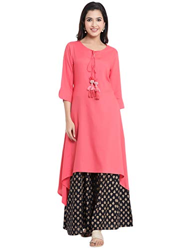 Image of Juniper Women's Coral Rayon Solid Asymmteric Kurta (Coral, XS)