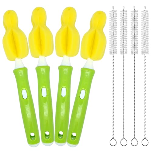 Image of INVODA Nipple Brush 4PCS Sponge Bottle Brushes with 4 PCS Straw Brush Baby Bottle Nipple Cleaner Brush Long Handle Detachable Nipple Brushes (Yellow)
