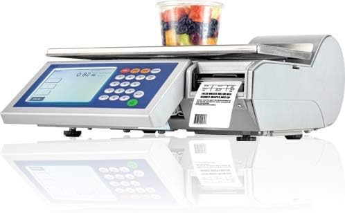 Ishida weighing scale with an integrated label printer, showing a label being printed
