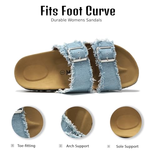 Women's Cork Sandals with Two Buckles Adjustable Straps, Arch Support Summer Fashion Denim Slippers, Comfortable Beach Flat Dressy Slip On3