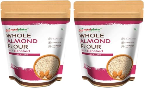 Image of Nutriplato-enriching lives Unblanched Almond Flour Vegan | Crushed Badam [Keto-Friendly, Naturally Protein-Rich, Unblanched (with Skin) Almond Fine Powder] Pouch, 200 g (Pack of 2)