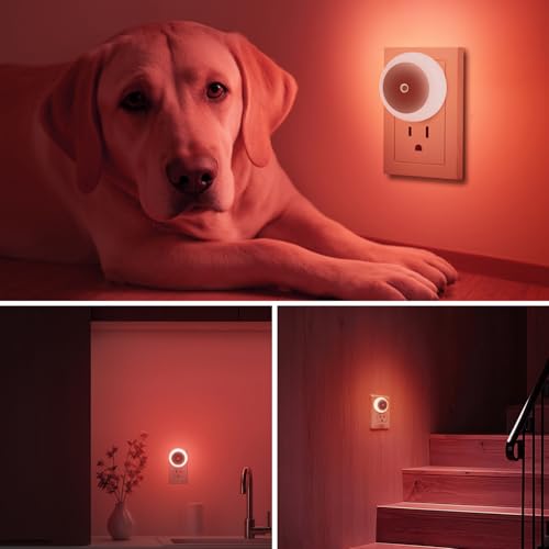 Image of KINUR 6 Pack Red LED Plug into Wall with Dusk to Dawn sensors Plug in Night Lights for Kids Room, Bedroom, Bathroom, Stair Lights, Hallway Light