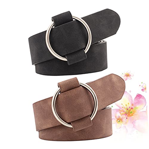 2Pcs Women Wide Belt No Needle Round Pin Buckle PU Leather Waistband Black Coffee Stylish Solid Girdle for Fashionable Outfits3
