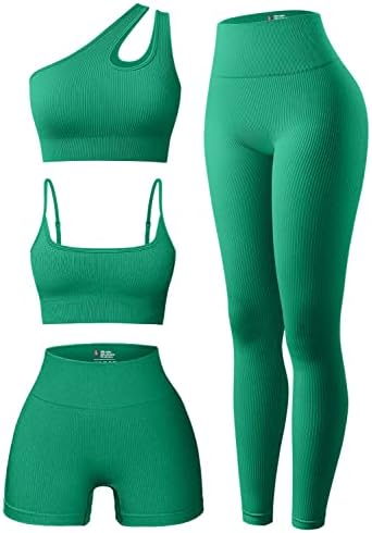 OQQ Women's 4 Piece Outfits Ribbed Exercise Scoop Neck Sports Bra One Shoulder Tops High Waist Shorts Leggings Active Set Gre