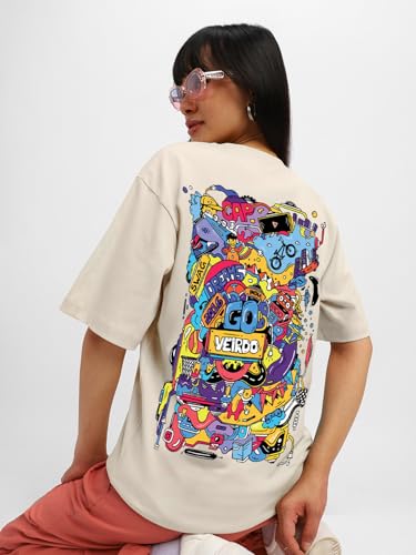 Image of Veirdo Pure Cotton Round Neck Oversized Baggy Fit Stylish Front & Back Graphic Printed Half Sleeve Boyfriend T-Shirt for Women (Color Options- Black, Orange, Royal Blue & Lilac)