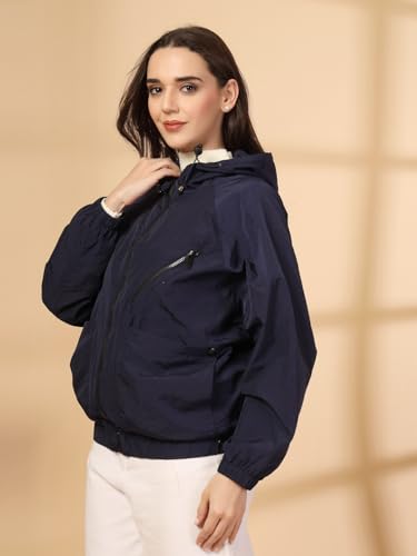 Image of CHKOKKO Womens Stylish Oversized Windcheater Jacket with Zip Closure Lightweight Sportswear for Running Travel Hiking Outdoor and Rainy Season Wear Navy M
