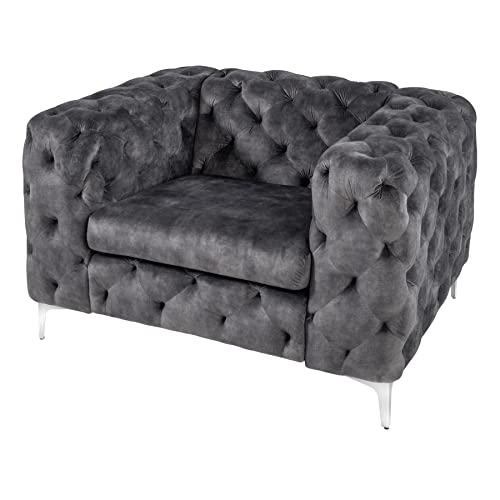Chesterfield Sessel MODERN BAROCK - 120cm - dunkelgrau Silber - Samt Metall - Armlehnsessel Federkern Ziersteppung rechteckig