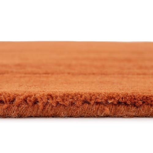 Terracotta Rug 100% Wool Thick Scandi Cosy Living Room Super Soft Bordered Shaggy Orange Fluffy Rugs for Hall, Dining Room, Bedroom Area Large 190cm x 280cm