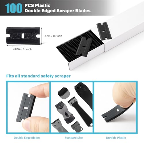 Gomake Plastic Razor Blade Scraper Tool with Blade Container 2PCS Razor Scraper with Extra 100PCS Plastic Blades for Adhesive Labels and Decals Sticker Removal on Car Window Glass Floor (W80) by Gomake - Image 5
