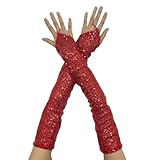 Instiqueo Women's Long Satin Sequined Fingerless Gloves - Red, One Size