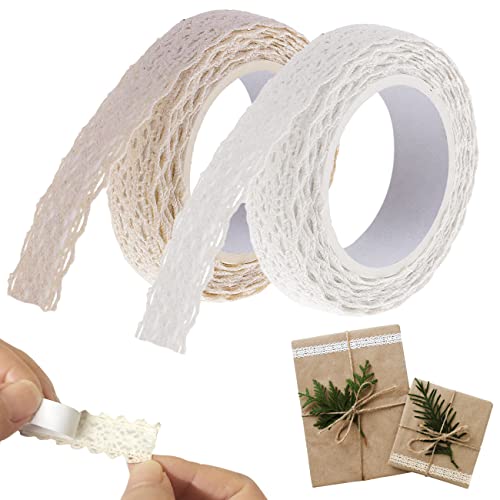 AOBETAK Dentelle Adhesif Beige Et Blanc Ruban Adhésif Autocollante Vintage Floral Couture Pour Scrapbooking Déco D'anniversaire Bricolage Artisanat 3,6m, 1,5 Cm De Large
