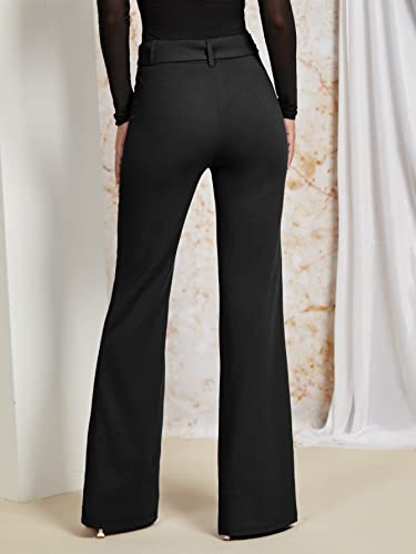 SweatyRocks Women's Casual High Waist Flare Wide Leg Pants Buckle Belted Long Trousers Pants2