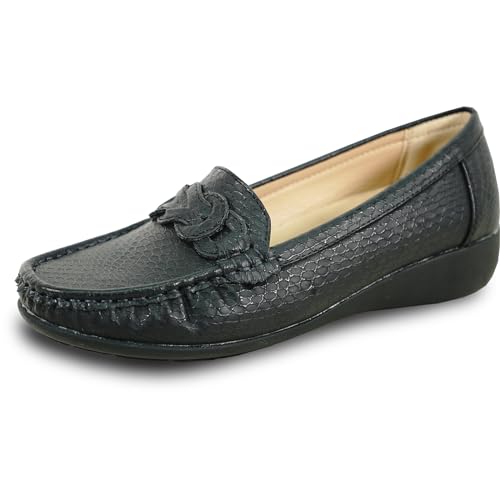 Image of KOZI Women Comfort Casual Wedge Shoe Slip-On Loafer ML Collection Round Toe Penny Loafer Removable Insole Black Champagne
