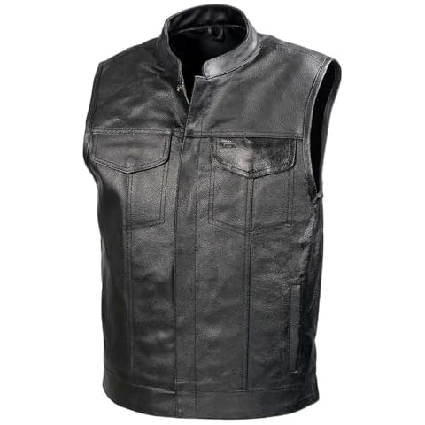 The Bikers Zone- Mens Leather Club Style Vest W/ Concealed Gun Pockets, Cowhide Leather Biker Vest, Single Panel Back (Black, M) Cover