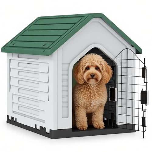 Maxmass Plastic Dog House Weather-Resistant Pet Shelter with Metal Lockable Door Slanted Roof Air Vents Indoor Outdoor Pet Kennel Dog Shelter Crate Pets House for Puppy Cat Rabbit (Green+White)
