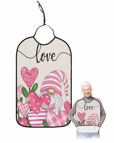 LEOKOTI Pink Gnomes Valentines Adult Bibs for Eating, Waterproof Bibs with Food Catcher & Adjustable Snap Closure, Teal Botanical Rustic Washable Clothing Protectors Adult Bibs for Elderly Women/Men