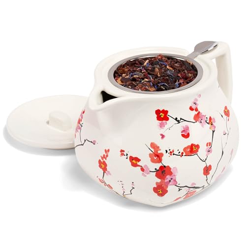 Image of Tea Forte Ceramic Teapot with Infuser, Sakura Cherry Blossom, 24 oz | Floral Patterned Ceramic Teapot & Lid - Stainless Steel Loose Leaf Tea Infuser - Microwave & Dishwasher Safe