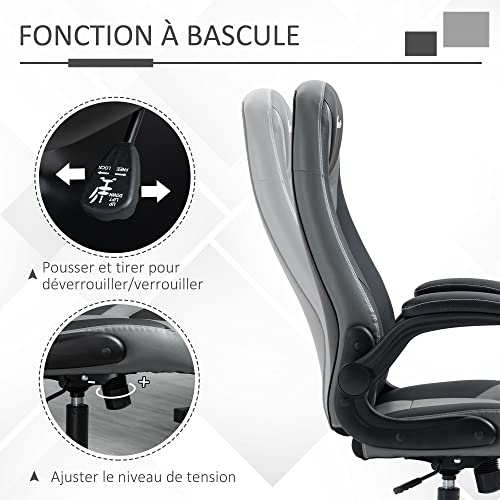 Sedia da gaming ergonomica con base rotonda in metallo girevole a 360°, altezza regolabile poggiatesta braccioli sollevabili in PVC grigio nero - Sedia gaming - Immagine 4