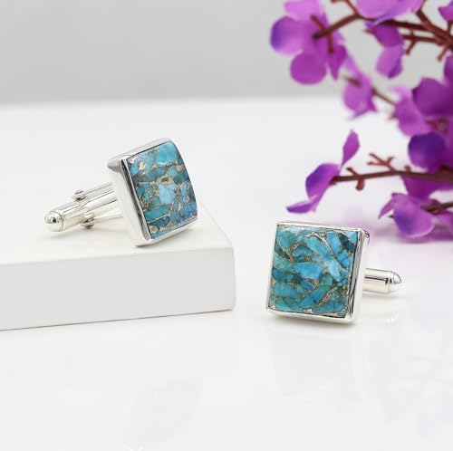 Spine Oyster/Blue Copper Turquoise Cufflinks for Men – Natural Gemstone in 925 Silver, Groom Wedding Jewelry Gift2