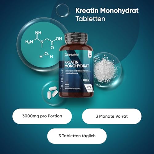 Creatin Monohydrat Tabletten - 3000mg pro Portion - 270 Kreatin Vegan Tablets - 3 Monate Vorrat - Creatine - 3 Kreatin Monohydrat Tabletten pro Tag - Für Männer und Frauen - Glutenfrei - WeightWorld