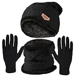 HACER Camping Knit Beanie Neck Warmer & Gloves Set Thick Fleece Lining Winter Knitted Hat Scarf Woollen Mittens for Men Women Outdoor Travel Hiking (Pack of 1, Random Color)