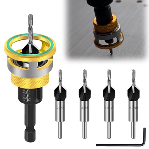 Jeu de 6 forets coniques | Pré-perçage et fraisage en une seule étape | avec butée de profondeur, queue hexagonale 1/4", HSS-M2 | pour un perçage précis dans le bois
