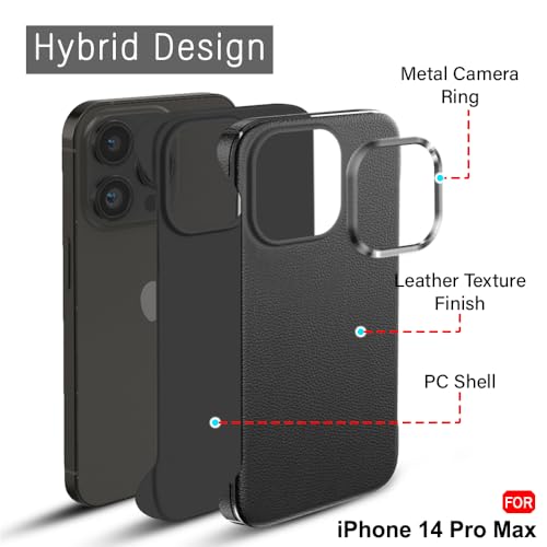 Image of TheGiftKart Hybrid Ultimate Slim Back Case Cover for iPhone 14 Pro Max | Lightweight Profile | Hard Back Case Cover for iPhone 14 Pro Max (PC & TPU, Metal Camera Ring, Leather Texture Finish, Black)