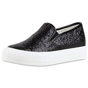 Japado Japado Modische Damen Sneakers Bequeme Slip-ons Funkelnde Glitzerapplikationen Angesagte Plateausohle Damen Sneakers SCHWARZ Nero 39