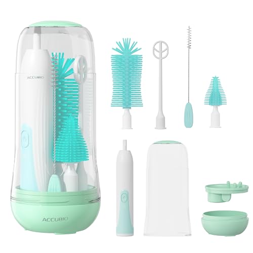 Image of ACCUBIO Electric Bottle Brush Set, Rechargeable Electric Baby Bottle Brush, Automatic Bottle Cleaner Kit, Waterproof Multi-Purpose Cleaning Brush with Free Sponge Replacement Brush, Green, AB-001G