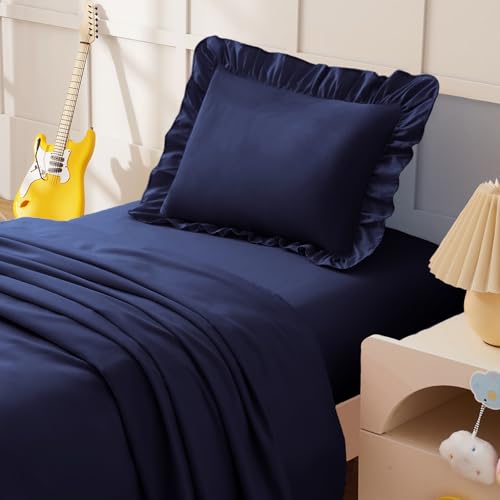 Image of KKJIAF 3 Piece Toddler Sheet Set Microfiber, Includes a Flat Sheet, a Fitted Sheet and a Ruffle Pillowcase, Navy Blue
