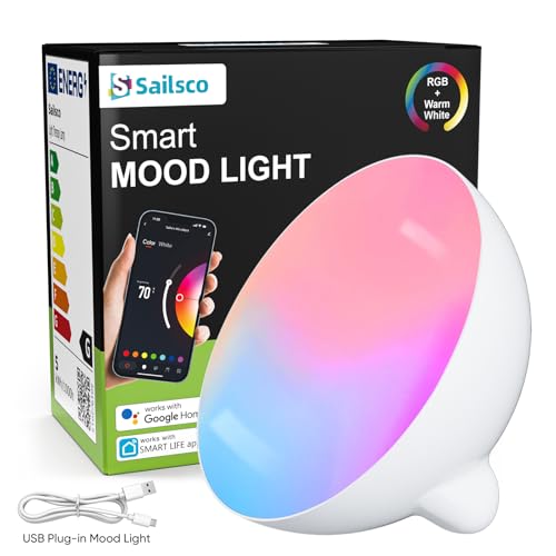 Sailsco Smart Mood Lamp - WiFi Night Light, Dimmable RGBW Color Changing, Emotion Regulating Bedside Light, Portable 2.4GHz WiFi, Works With Smart Life