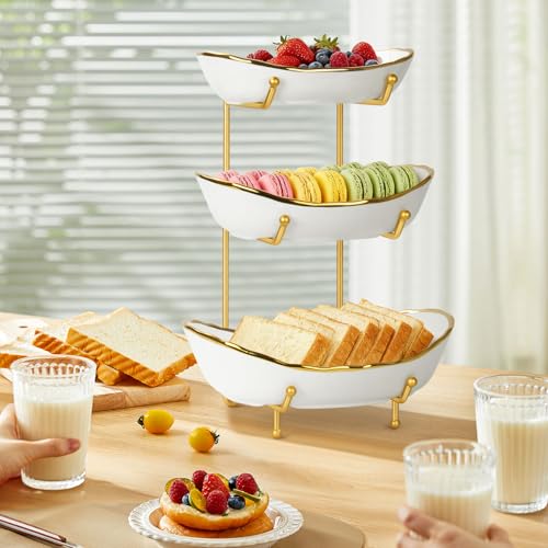 YUNLINLI 3-Tier Ceramic Fruit Bowl, Modern Fruit Basket for Kitchen Countertop, Tiered Fruit Display Stand with Gold Metal Stand, Non-Slip & Chip-Resistant, Dishwasher Safe (Gold&White) - image 2