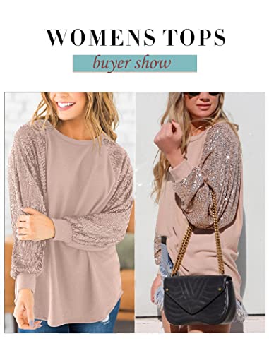 Alltb Women's Sequin Tops Sparkle Long Sleeve Blouses Shimmer Glitter Sweatshirt Party Crewneck Loose Fit Shirts Pink #TOP3