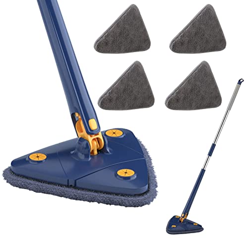 Vadrouille de Nettoyage Réglable Rotative à 360°, Triangular Mop avec Compression Automatique de l eau, Pour Nettoie Cuisine, Murs, Plafond, Canapé, Coins (Bleu+4 PCS chiffon)