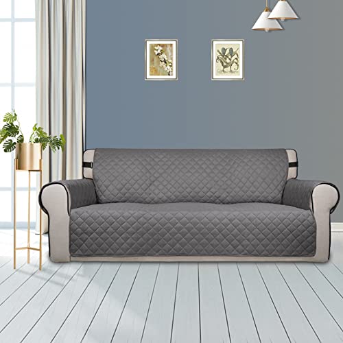 Image of PureFit Reversible Quilted Sofa Cover, Spill, and Water Resistant Slipcover Furniture Protector, Washable Couch Cover with Non-Slip Foam and Adjustable Strap for Kids, Pets (Sofa, Gray /Light Gray)