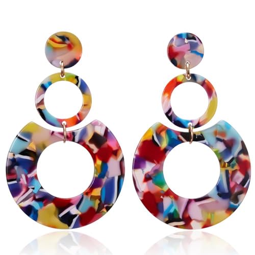 Wendalern Boucles d'oreilles rondes en résine acrylique géométrie cercle boucles d'oreilles pendantes Vintage multicolore rond cercle boucles d'oreilles bijoux pour...