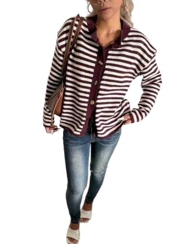 GORGLITTER Women's Striped Button Up Fall Cardigan 2025 Dressy Casual Long Sleeve Crewneck Fall Fashion Knitwear Tops