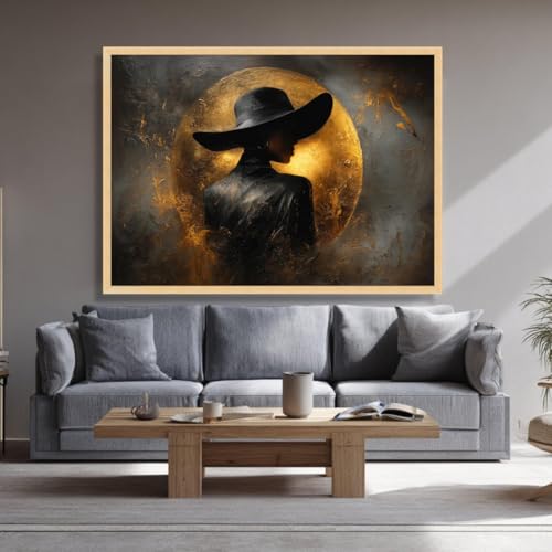 Tableau sur toile silhouette femme portrait chapeau noir affiche abstraite moderne dorée