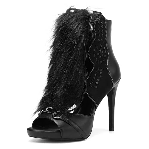 Tracieshoes Womens Faux Fox Fur Trim High Heel Ankle Boot Sandals Cutout Leather Lace Detail Peep Toe Zip Back 4 Inch Stiletto Heels Party Fashion Shoes Black Size 8