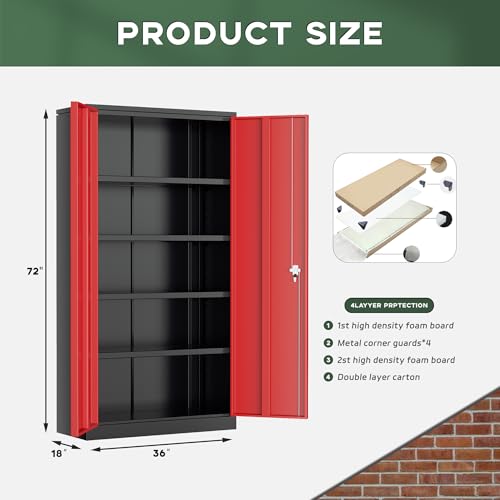 Image of Greenvelly Metal Storage Cabinet, 72 inch Black Locking Metal Garage Storage Cabinet with Doors and 4 Adjustable Shelves, Lockable Steel Cabinet for Home Office, Garage, Shop, School (Red 36 inch W x 18 inch D)