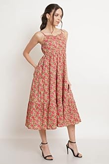 COTLAND Fashions Breathable Cotton Printed A-Line Midi Dress for Women