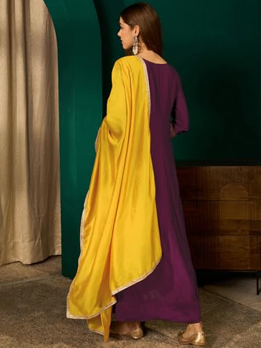 Image of Naixa Women's Vichitra Silk Embroidered A-Line Kurta with Pant | Yellow Vichitra Silk Laced Dupatta Set | 3 /4 Sleeve | Round Neck | Festive | Haldi Wear (Available in Plus Size)