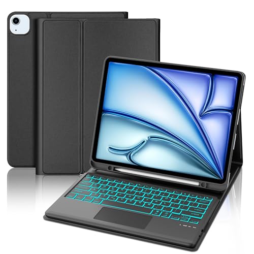 SENGBIRCH iPad Air (M3/M2) 13インチ キーボード タッチパッド付き iPad Pro 12.9 キーボード ケース 第6/5/4/3世代対応 7色バックライト付き 軽量 薄型 着脱式 Apple pencil収納 多角度調整 スタンド機能 オートスリープ 防汚素材 耐衝撃 全面保護 Type-C充電式 日本語取扱説明書付き ブラック