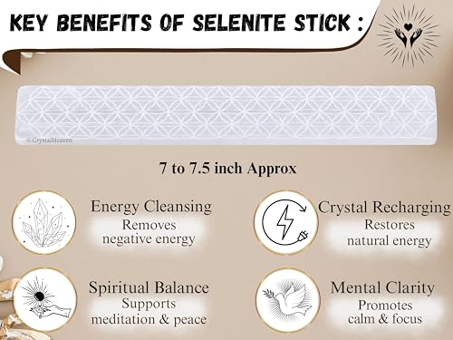 Image of Certified Selenite Crystal Charging Plate, 7.5 Inch Engraved Flower of Life Selenite Stick for Crystal Cleansing Re-Energy Work, Meditation and Pooja - Flower of Life
