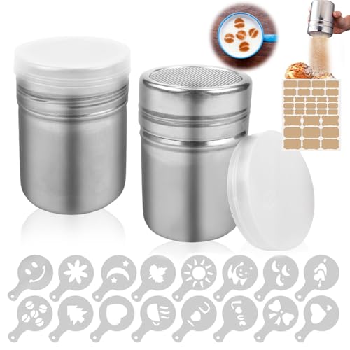 LPZMPZ Espolvoreador Polvilhador Dispensador de Canela Pulverizador de Azucar Espolvorear Agitador Cacao Sugar Shaker Mezclador Coctelera de Polvo Capuchino de Acero Inoxidable con Malla Tapa