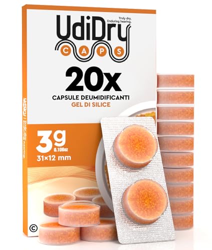 20 Capsule Essiccanti Deumidificanti per Apparecchi Acustici UdiDry Caps 3g 31mm con Indicatore di Colore - Gel di Silice di Alta Qualità per Contenitori di Asciugatura
