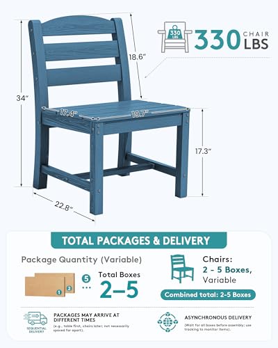 Image of SERWALL Outdoor Armless Dining Chairs Set of 4, All-Weather HDPE Patio Dining Chairs with 19.7 inch Widened Seat and Curved Backrest for Backyard, Garden, Blue