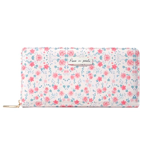 Sunwel Fashion Floral Clutch Wallet for Women Vintage Patchwork Ditsy Flowers Zipper Around Credit Card Wallet (PINK)