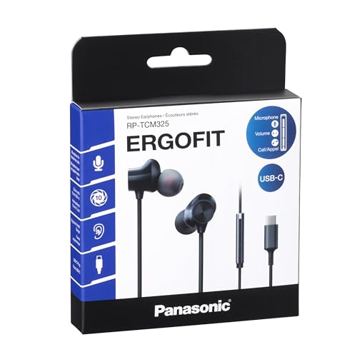 Image of Panasonic ErgoFit Wired Earbuds, in-Ear Headphones with Microphone and Call Controller, Ergonomic Custom-Fit Earpieces (S /M /L), USB-C Compatible - RP-TCM325-K- (Black)